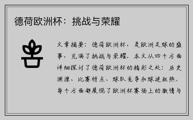 德荷欧洲杯：挑战与荣耀