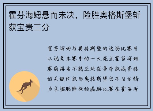 霍芬海姆悬而未决，险胜奥格斯堡斩获宝贵三分